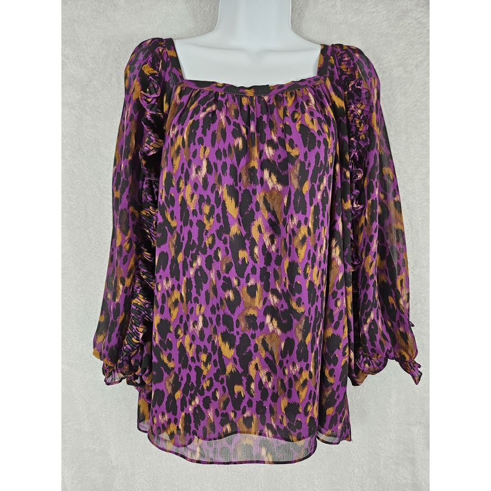 Cato Blouse Womens Large Purple Leopard Animal Print Sheer Ruffle Balloon Sleeve